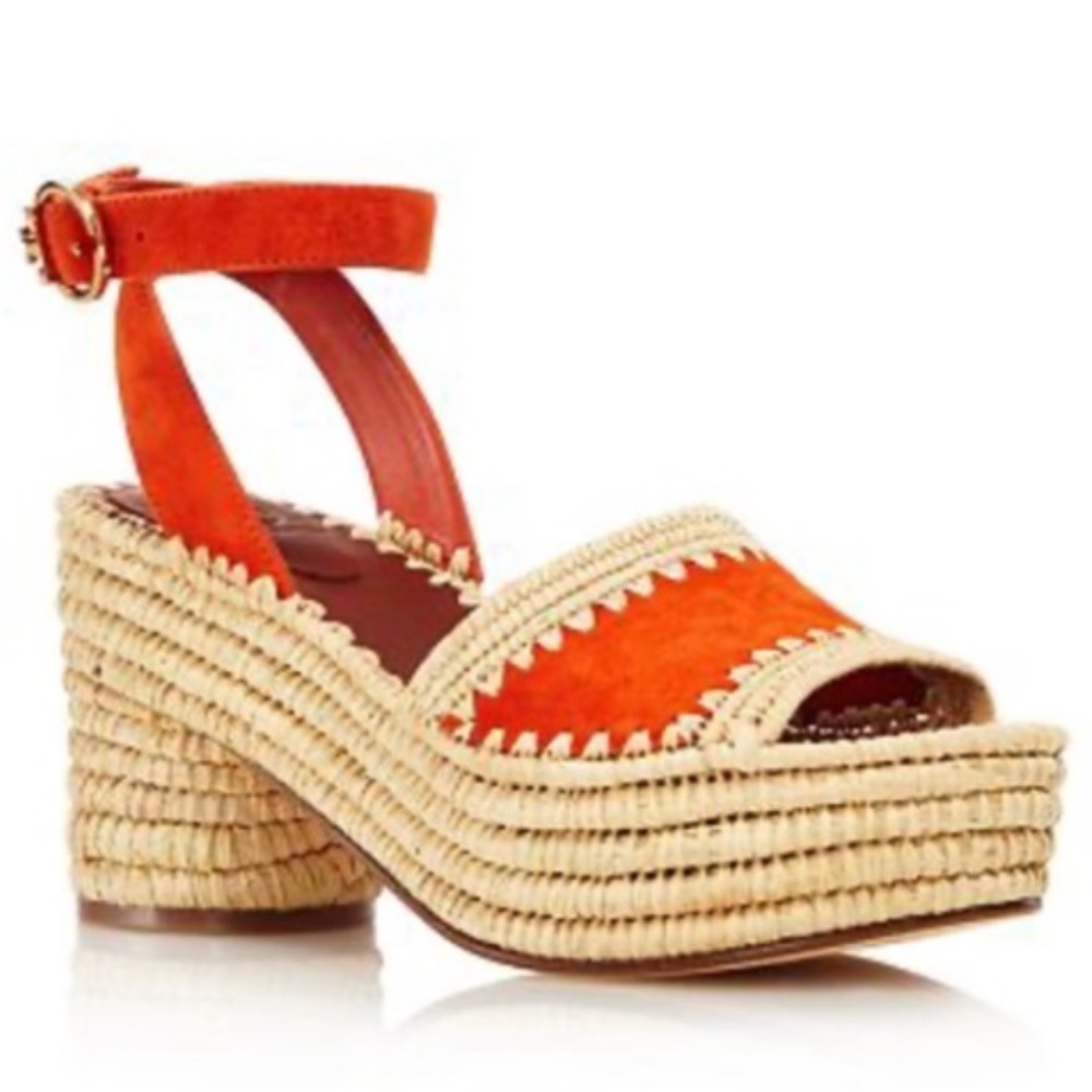 Tory Burch Orange Suede Raffia Platform Sandal